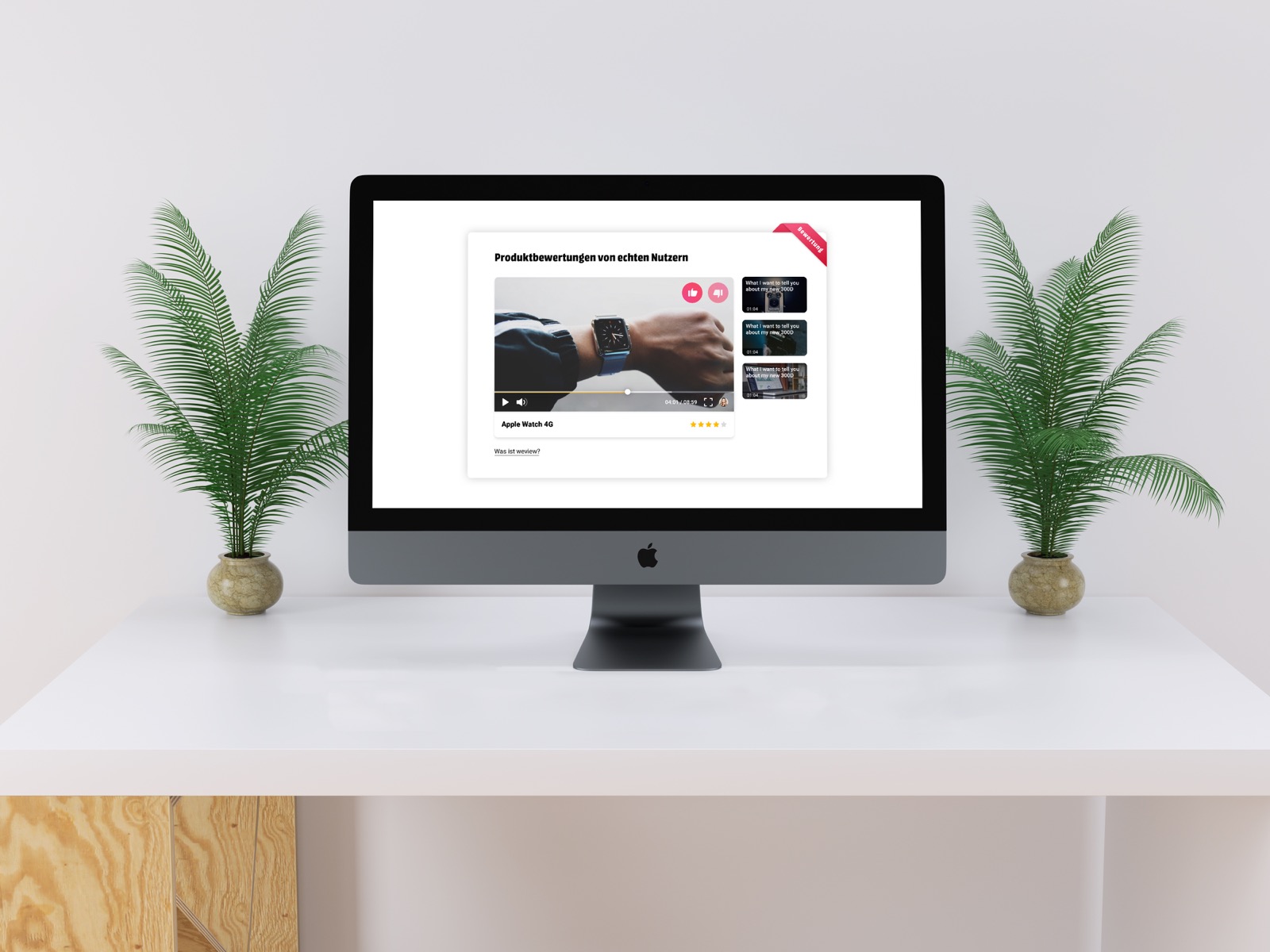 WeView video review player embedded on a retailer product page, shown on an iMac
