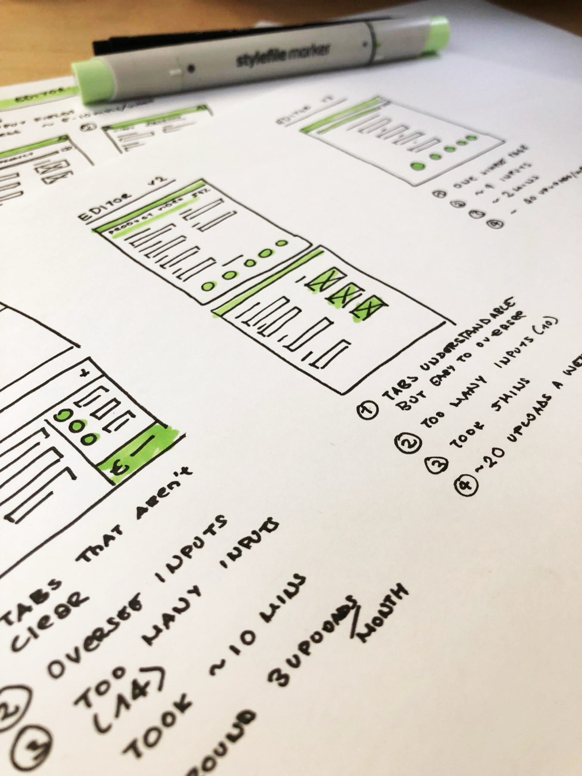 Hand-drawn wireframes and notes for WeView's editor interface